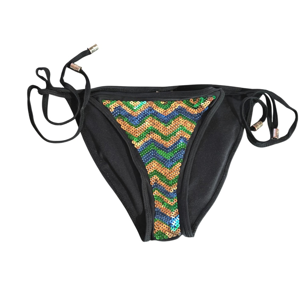 COOGI Black Zigzag Sequin Bikini String Bottom Tie Small Beach Pool Vacation